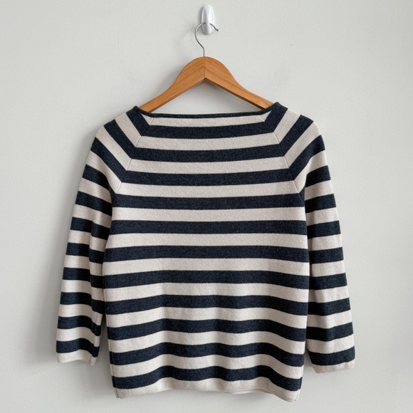 🏷️ SOLD • TORY BURCH • Kim Merino Wool Striped Sweater in Birch/Charcoal • Small - Picture 8 of 12